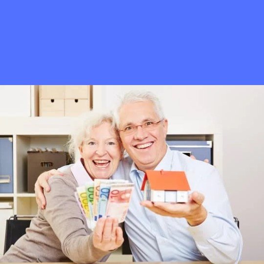 a man and woman holding a house and money