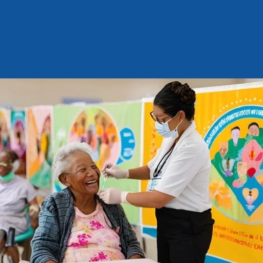 Idosa tomando vacina em posto de saúde