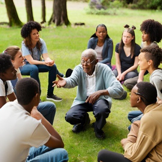 Idoso sentado em círculo conversando com jovens