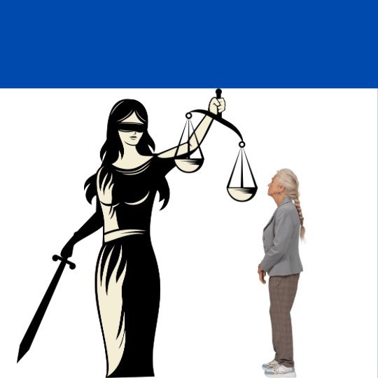 Idosa em pé mirando desconfiada a imagem da justiça