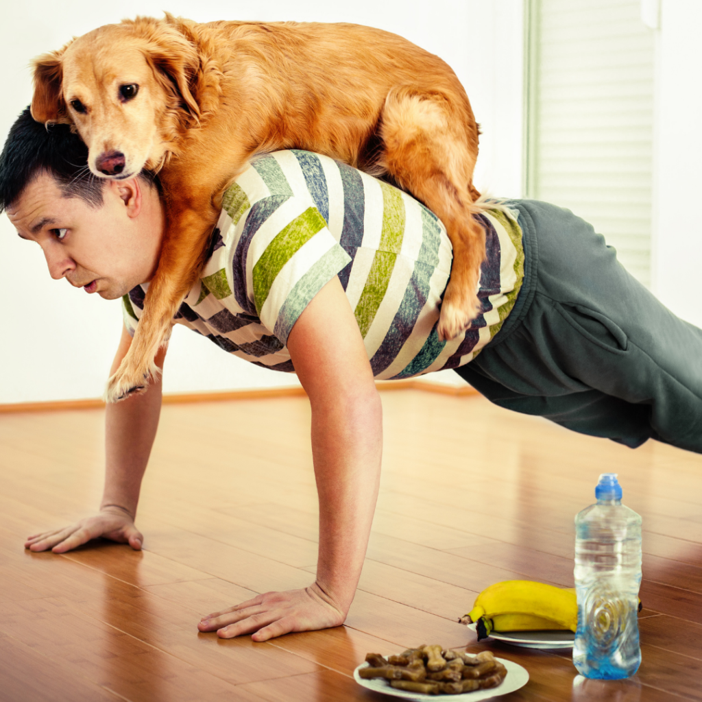 Homem fazendo flexão com cão nas costas