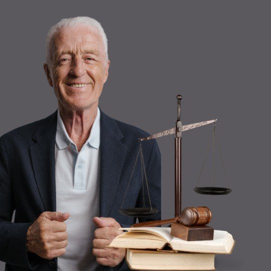 Idoso posando ao lado da imagem da justiça