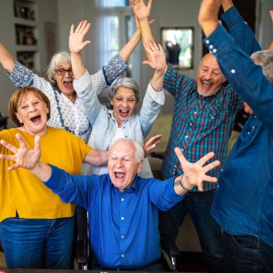 Grupo de idosos posando felizes para foto