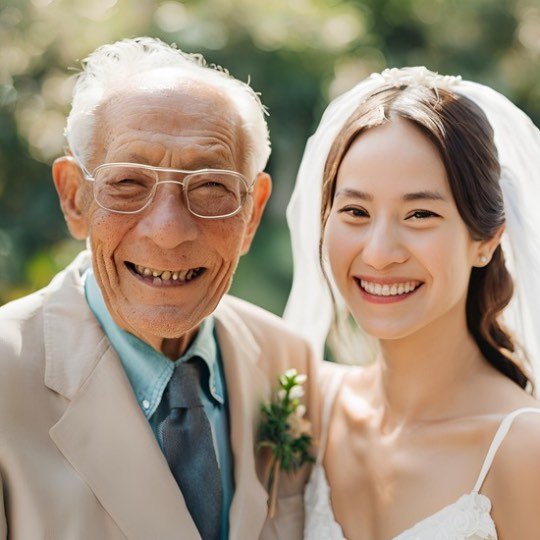 Casal homem idoso e mulher jovem vestida de noiva